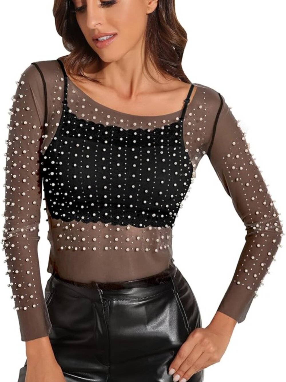 Black Pearl and Rhinestone Embellished Mesh Top (Size Medium)